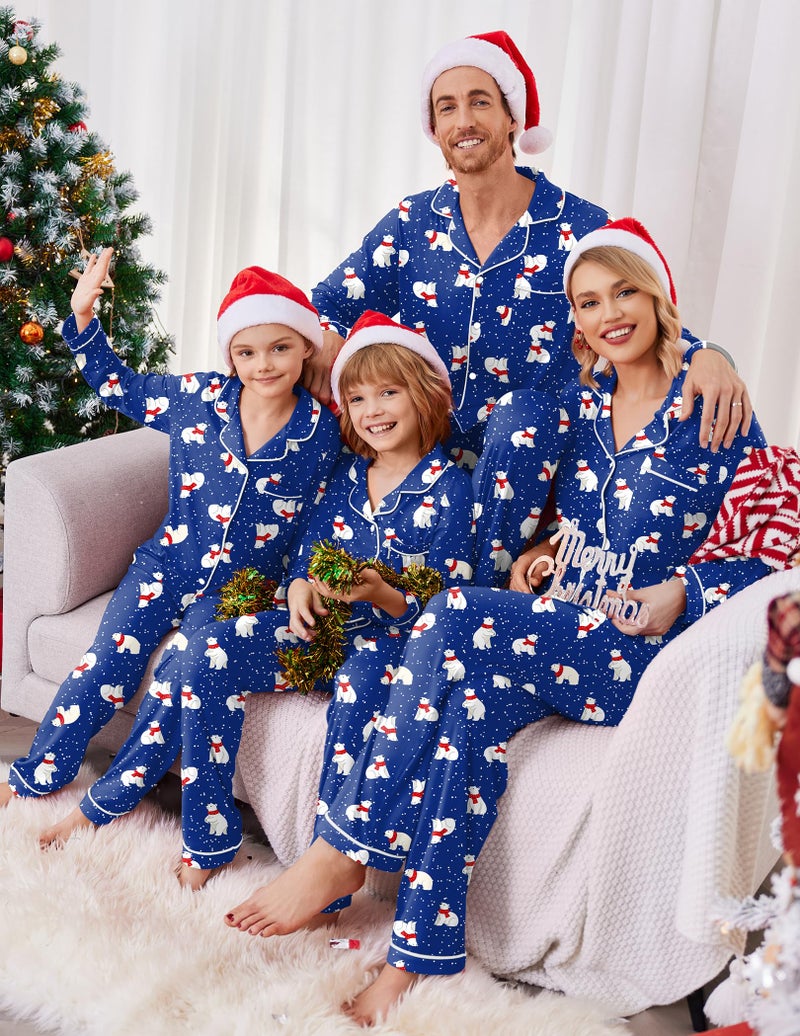 Ekouaer Christmas Family Matching Pajamas Long Sleeve Button Down Pj Set Festival Party Sleepwear,Blue Polar Bear,Men,XX-L - Image 2